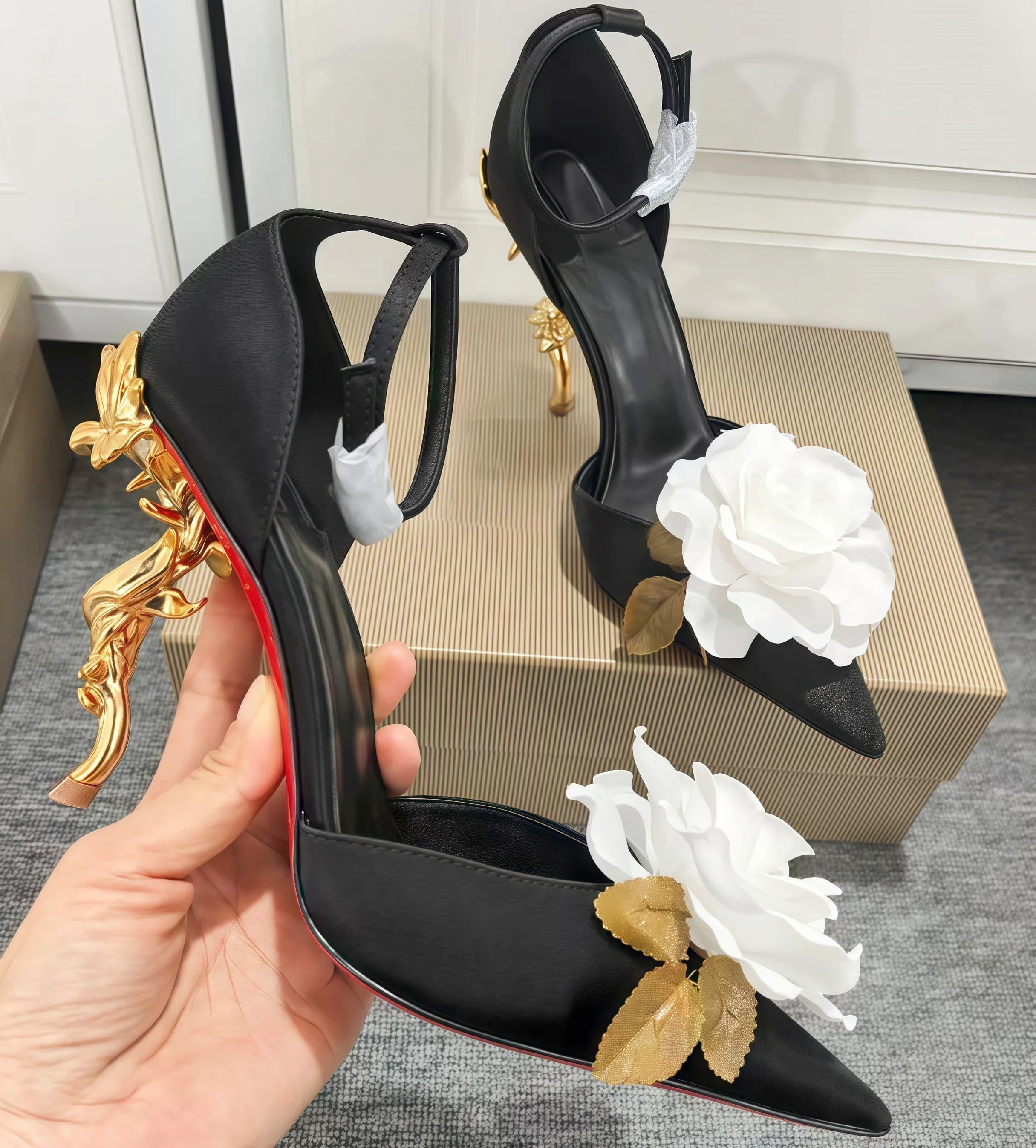 Pointed Toe Red Sole Sandals Female Metal Strange Heel High Heels Black Flannel Shoes Elegant Large White Flower Women's Pumps