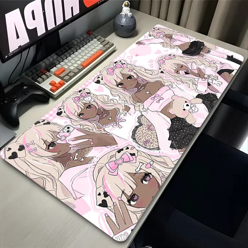 Tappetino per mouse da gaming, tappetino da scrivania grande, antiscivolo, bordi cuciti, stampa anime rosa elegante, tappetino esteso per tastiera per gamer e ufficio