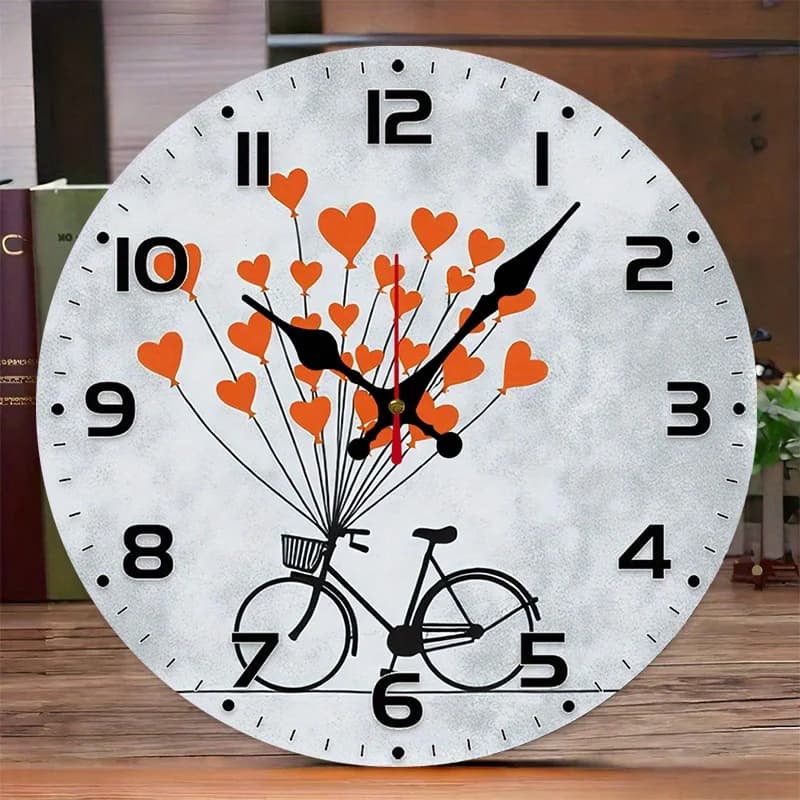 10 inch silent round wall clock with design Love Bicycle - Heart models, numbers and black hands - Battery Opera (AA)