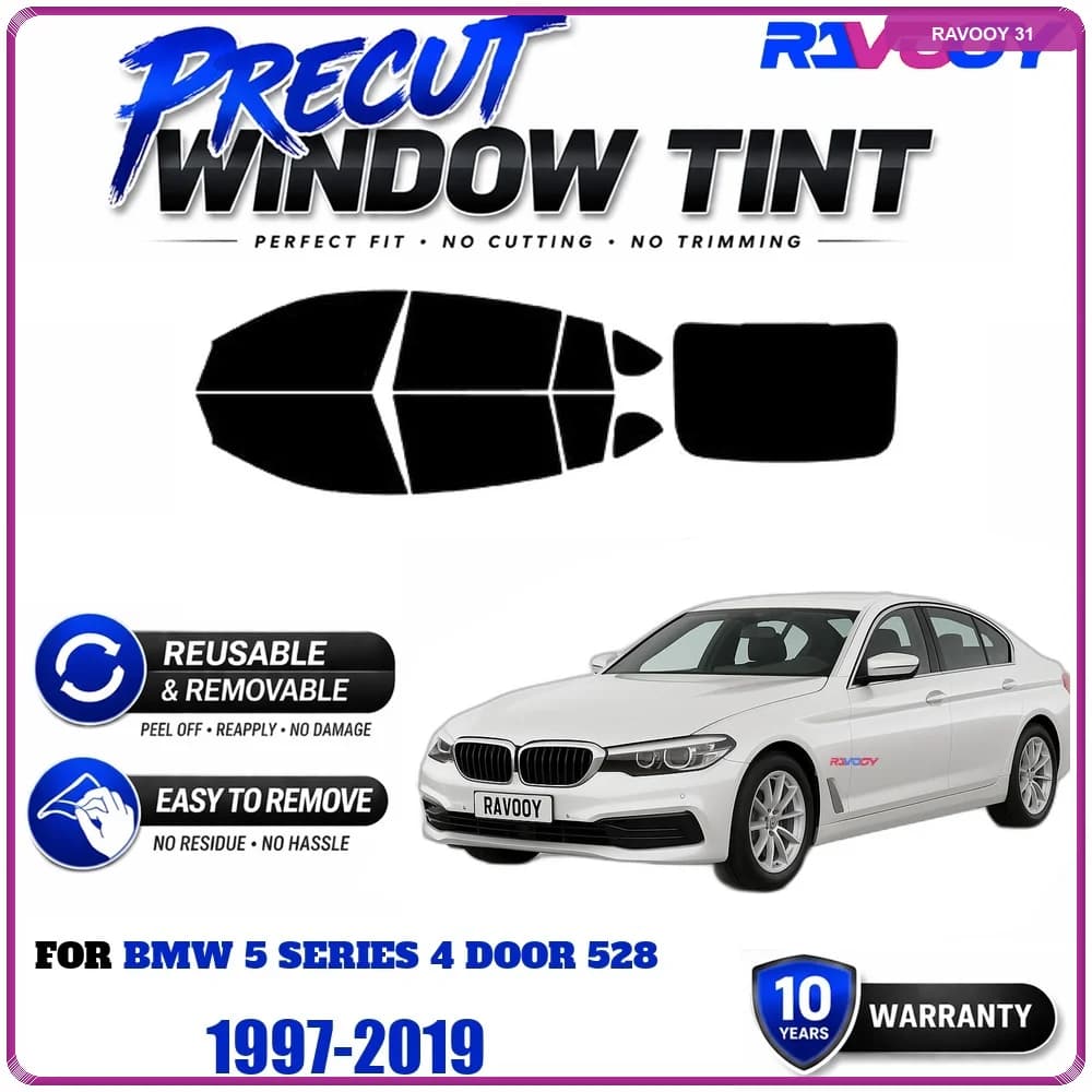 RAVOOY Precut Window Tint, Reusable Removable EPU Film, Custom Fit for Bmw 5 Series 4 Door 528 1997-2019, UV Heat Protection