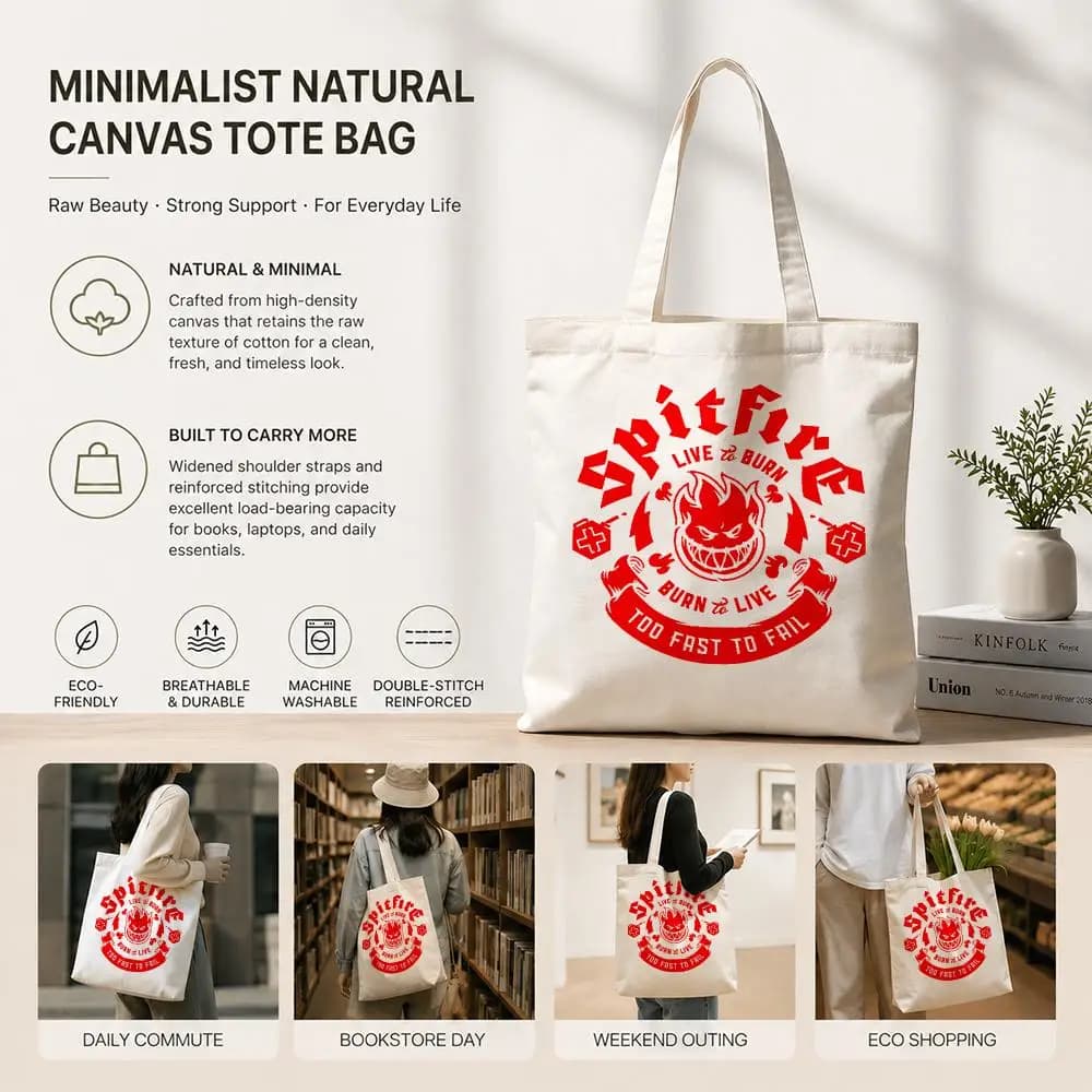 Borse porta ruote Skate S-Spitfire in tela di cotone ecologica, leggere e pieghevoli per viaggi, lavoro, shopping, spiaggia, palestra