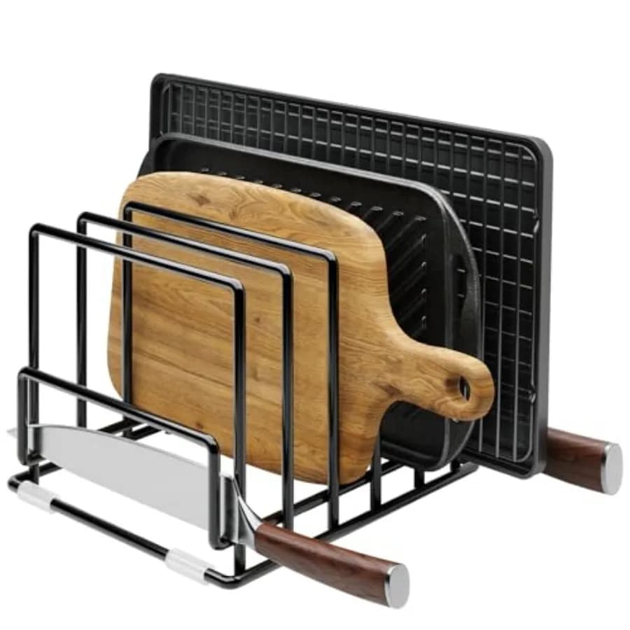 Cutting Board Organizer Rack with 7 Compartments, Heavy-Duty Iron Pan and Baking Sheet Organizer, Kitchen Cabinet Storage Rack