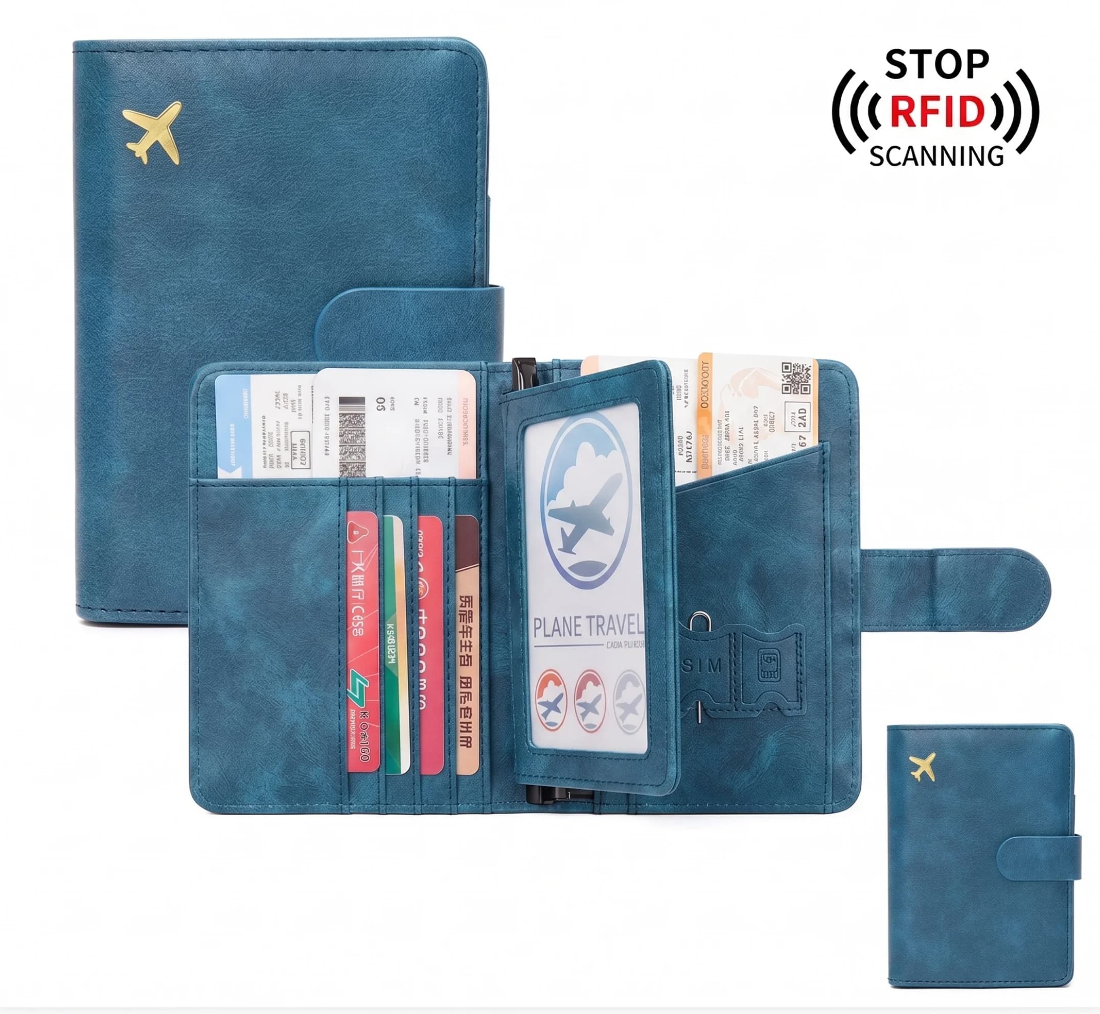 Pomelo Best RFID Blocking Travel Passport Holder PU Leather Airplane Logo Card Wallet with SIM Slot Pen Loop