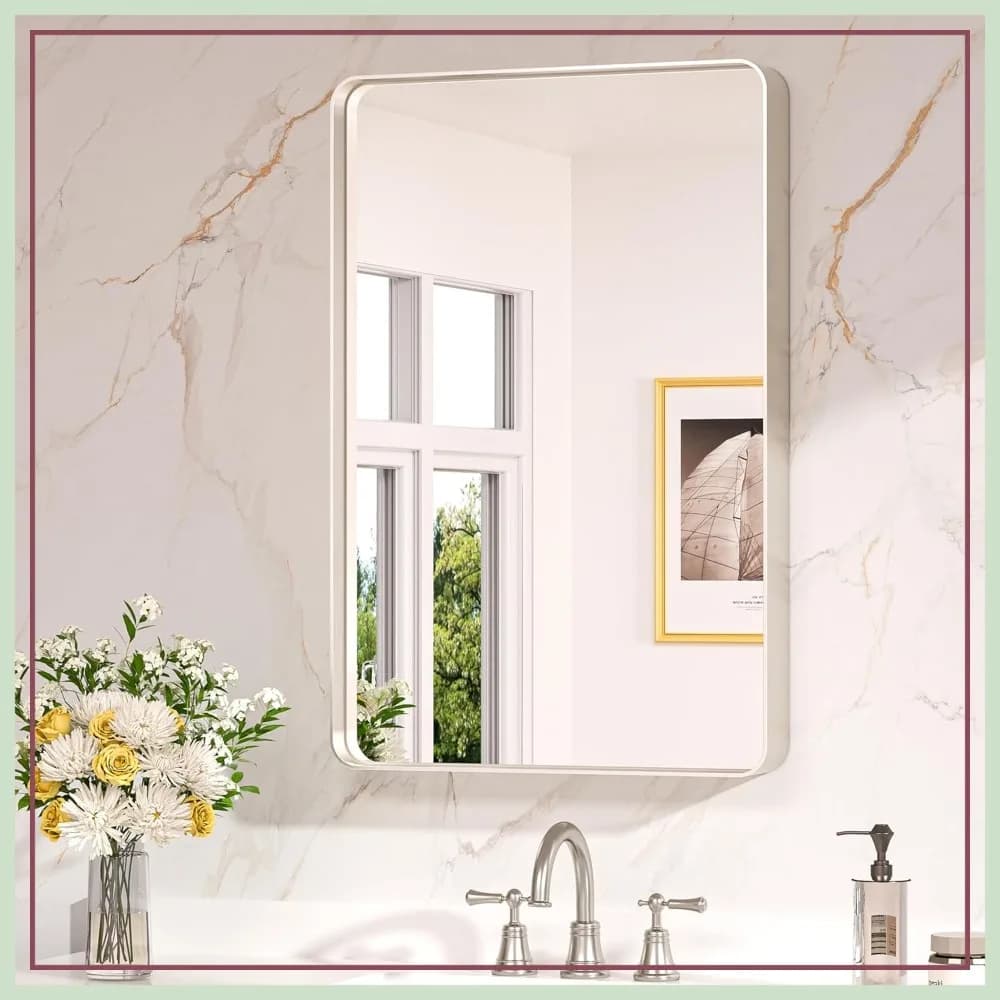 Specchio da Bagno 20x30 Pollici in Nichel Spazzolato, Specchio da Parete Rettangolare Arrotondato, Vetro Temperato HD, Lega di Alluminio Antiruggine