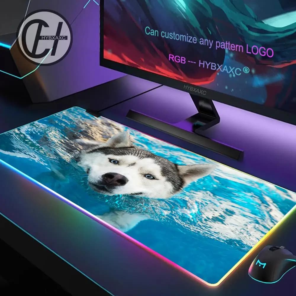 Tappetino per Mouse RGB HYBXAXC, Tappetino da Scrivania per Gaming HD, Grande Tappetino LED XXL con Design Cane Husky, 900X400X3MM