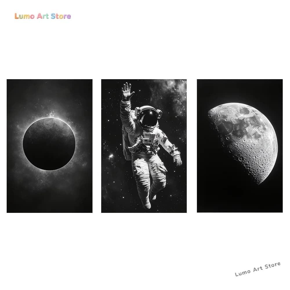 3pcs Classic Industrial Canvas Wall Art Set - Frameless Astronaut & Moon Art Prints for Home Office, Bedroom, Living Room - T