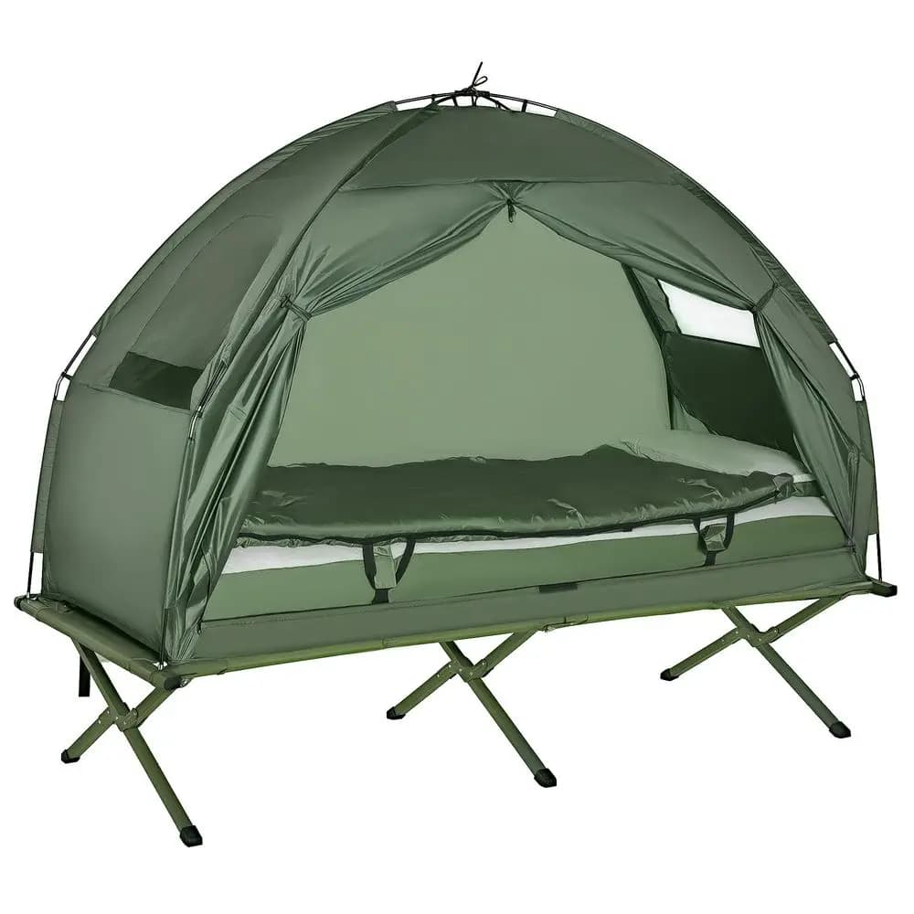 Tenda da Campeggio con Letto, Combo Tenda-Letto Pieghevole 6-in-1 con Materasso, Cuscino, Sacco a Pelo, Copriletto, Borsa per il Trasporto con Ruote, Tenda Rialzata da Terra