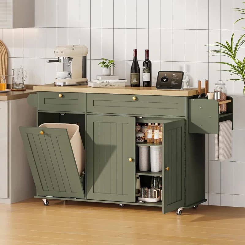 Isola da Cucina Mobile con Ruote, 60 Pollici, con Presa Elettrica e Ripiano Ribaltabile – Porta Spezie/Asciugamani, Porta Coltelli, Contenitore Rifiuti, Carrello Tavolo