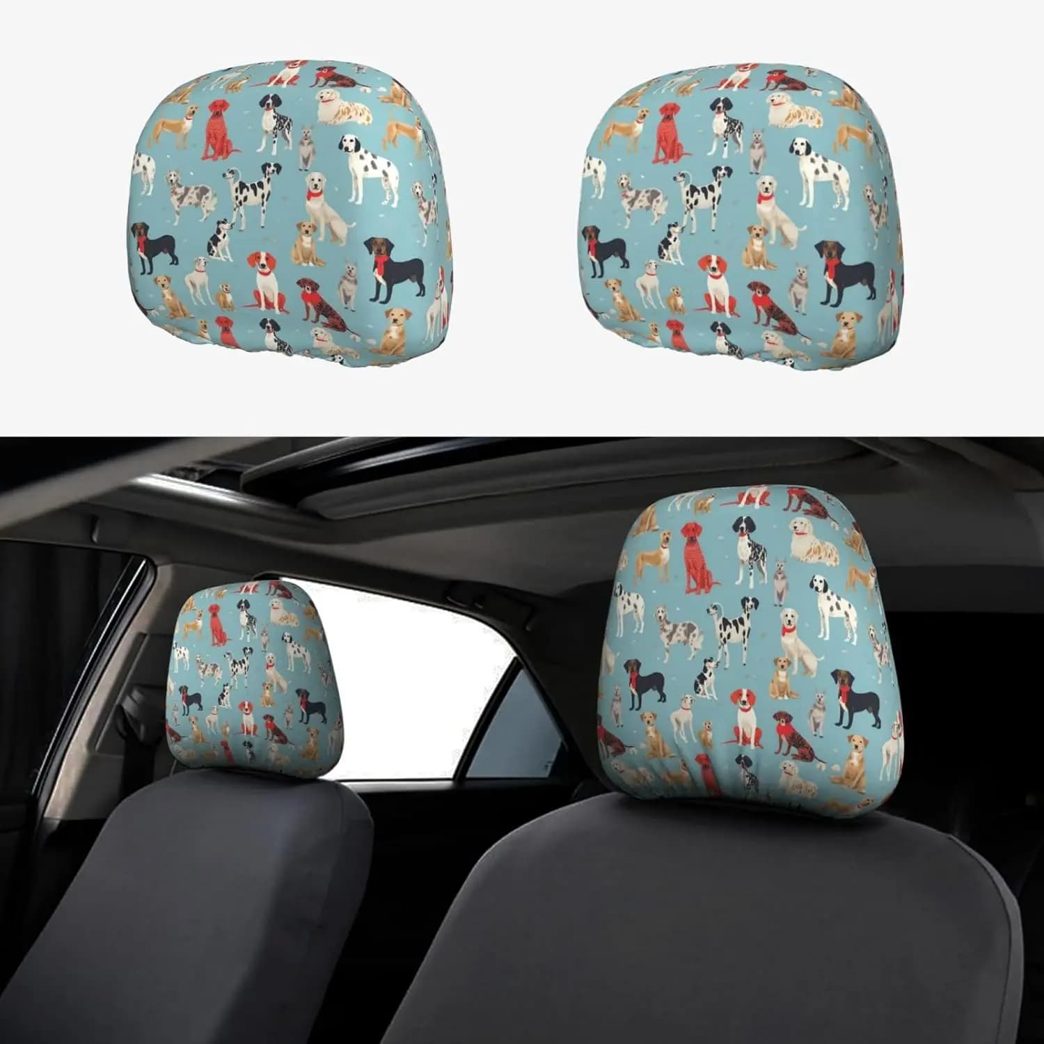 2 car headrest covers with animal dog print, universal headrest covers for car seat, soft covers for headrest