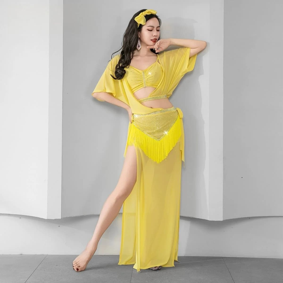 Group Folk Dance Gown Costume Competition Performance SHAABI Robe with Tassels Triangular Belt Women Belly Dance Baladi Dress