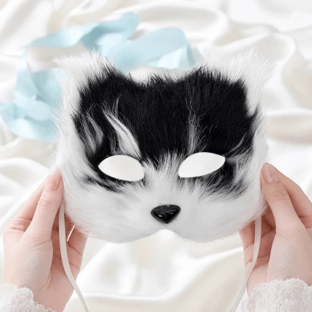 Funny Realistic Plush Cat Mask Animal Long Furry Half Face Mask Mysterious Cartoon Eye Mask Costume Party Supplies