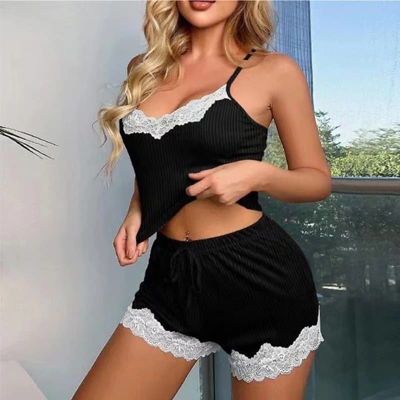Women's Sexy Home Clothes Set Strap Vest Shorts Backless Belly Button Lace Trim Sleepwear Casual Comfortable Shorts Set Casual