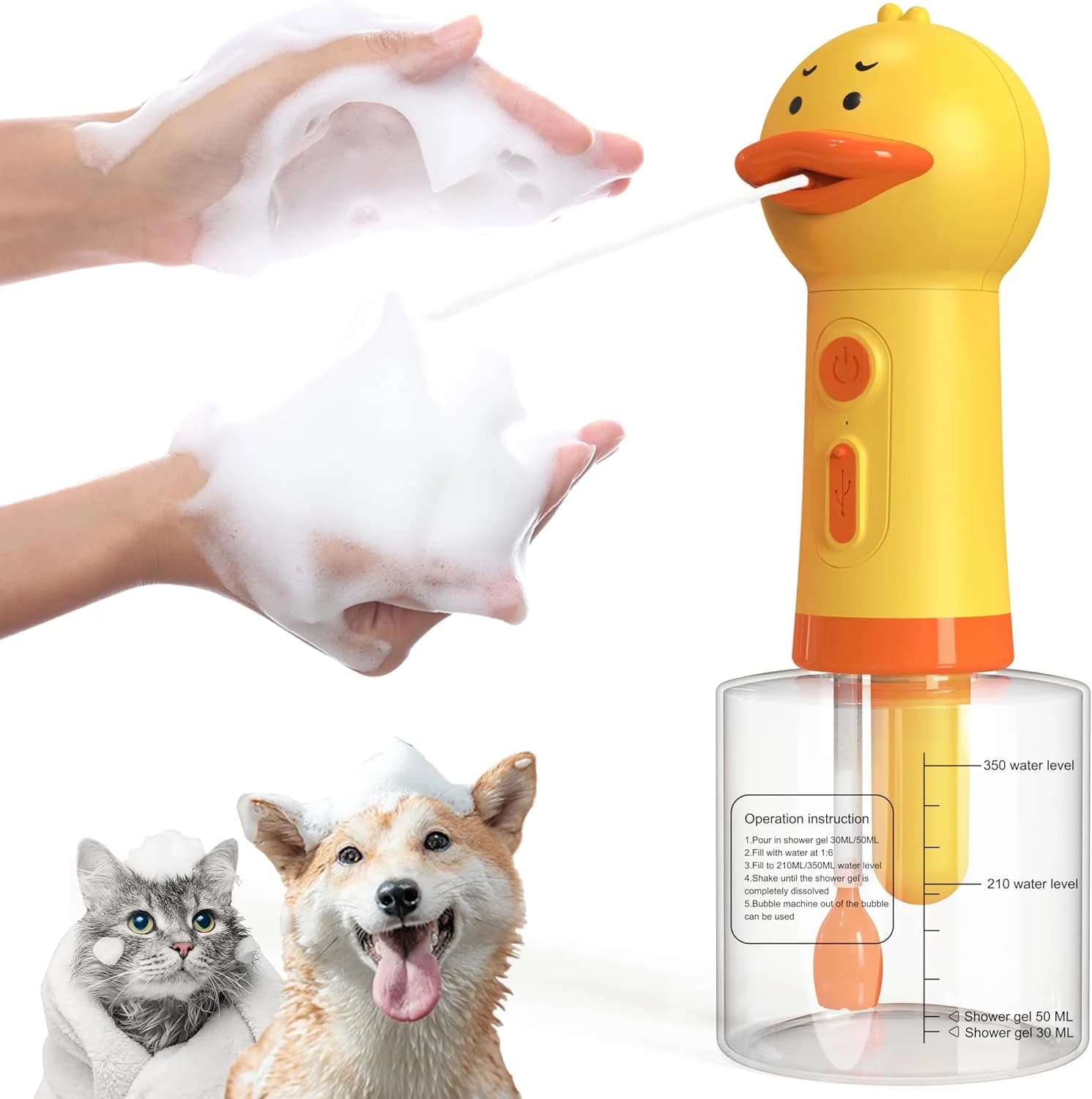 Macchina per schiuma elettrica per la pulizia degli animali domestici con anatra gialla, ricarica USB, dispenser automatico di sapone, macchina per schiuma, accessori per animali domestici