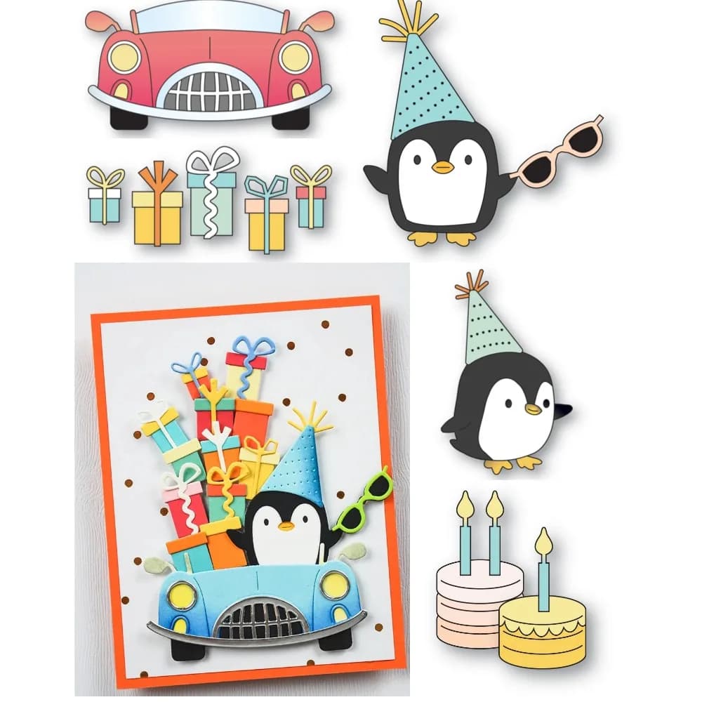 Penguins hold sunglasses stems in metal scrapbook diary decoration stencil pattern embossing card greetings hand made by you