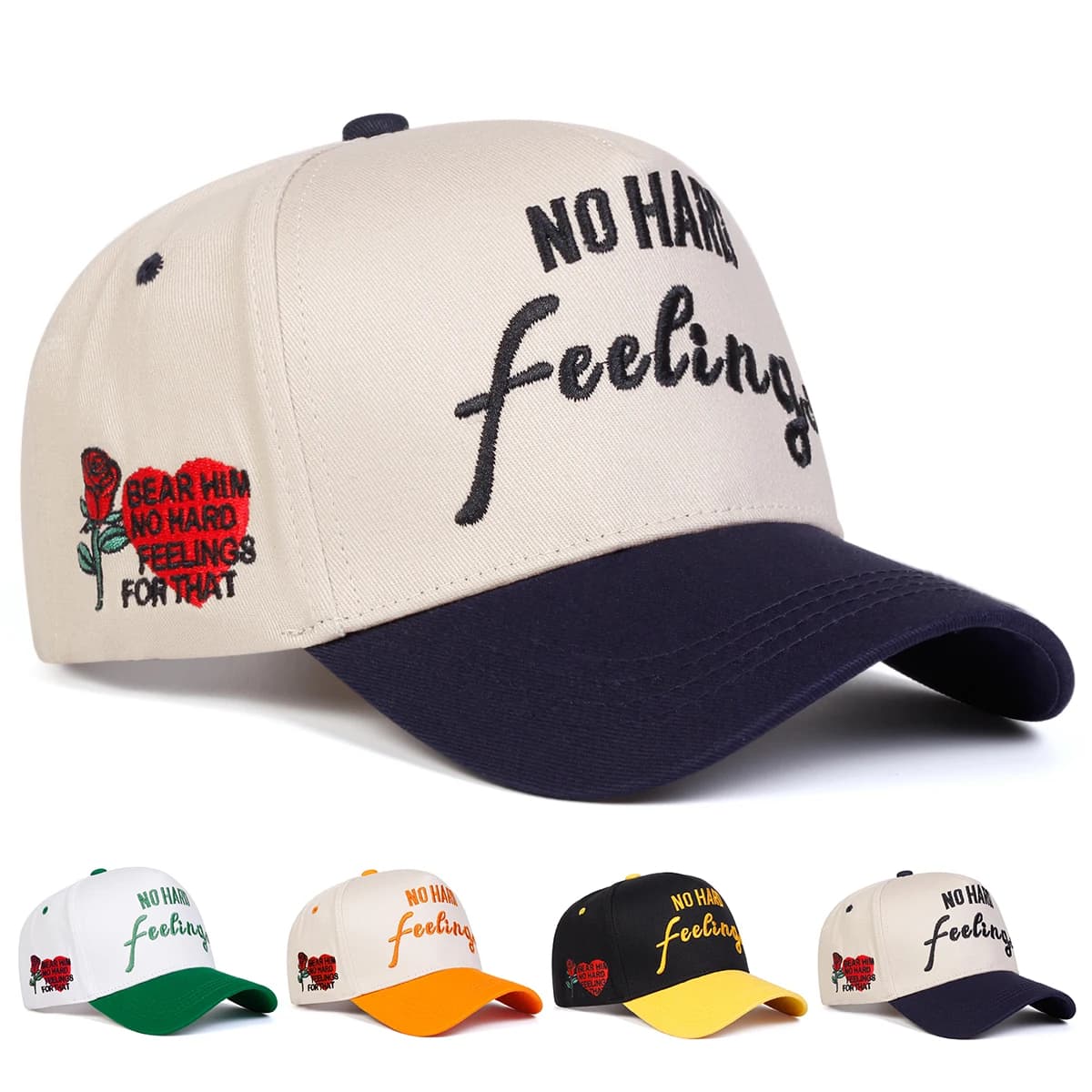 Berretti da baseball unisex NO HARD FEELINGS Ricamo laterale Love Rose Cappelli casual regolabili per esterni primaverili e autunnali Cappello per protezione solare