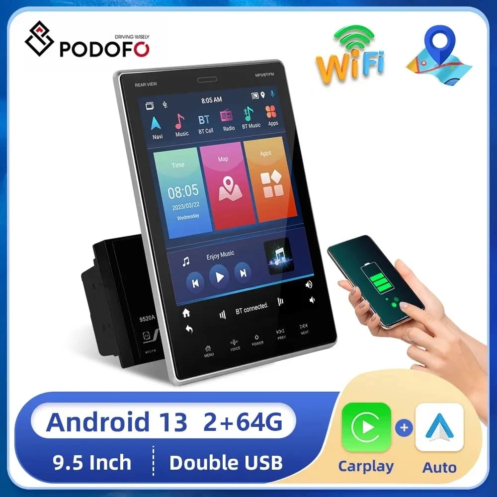 Podofo 2din GPS Autoradio Radio 9.5 ''Android 13 Schermo Verticale Lettore Multimediale Carplay Android auto Per Universale WIFI RDS