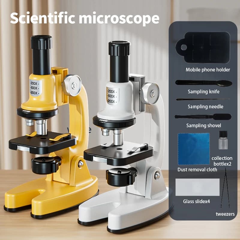 Microscopio Biologico per Bambini SCIENCE HORSE 200X~1200X Kit ad Alta Magnificazione Giallo 3 Lenti 4 Filtri Colore Compatibile con Smartphone