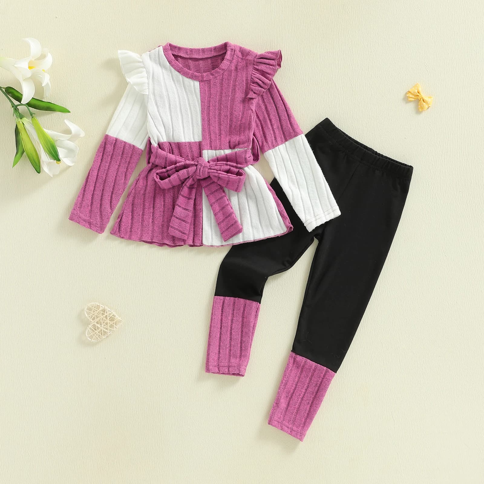 Set di maglieria da bambina con pantaloni e cintura girocollo con finiture arricciate - Set da 3 pezzi in colori a contrasto