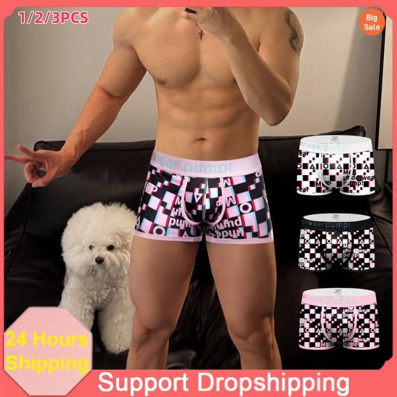 Men's Boxer Series Scratch Print Scottish High Elastic Belt Sexy Elastic Bag U Convex Comfortable and breathable sexy underwear More chubby