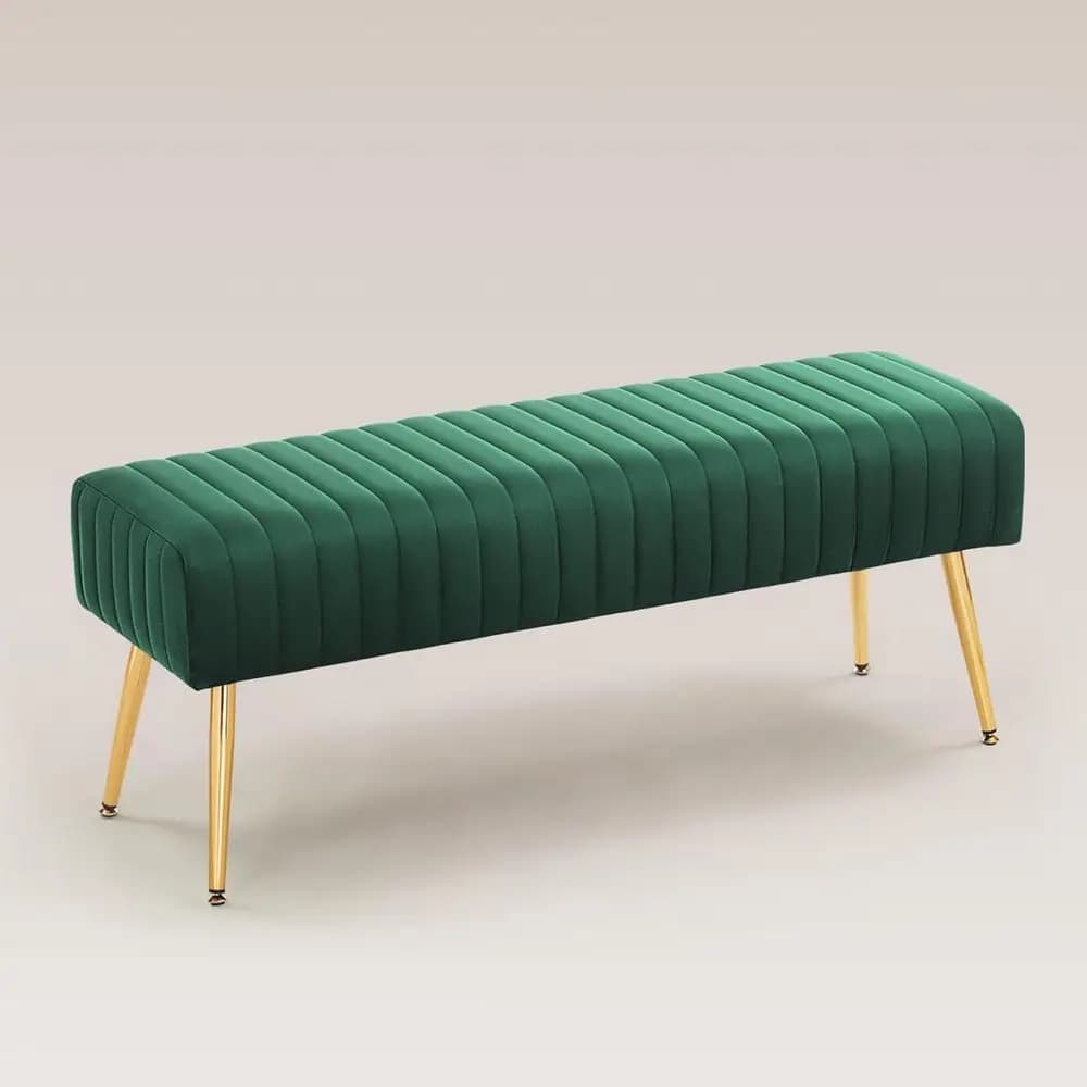 Panca Ottomana in Velluto Verde 44, Sgabello Confortevole, Arredamento per Sala da Pranzo e Ingresso con Gambe Dorate