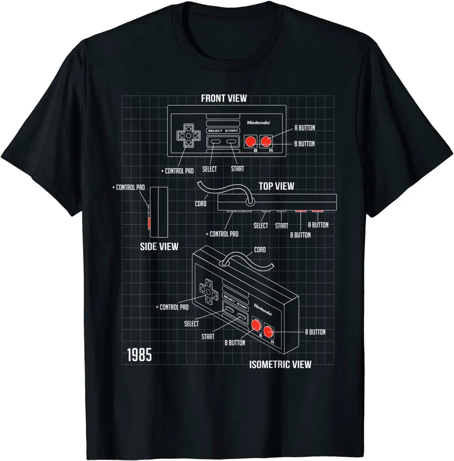 T-shirt grafica schematica per parti del controller Nintendo NES