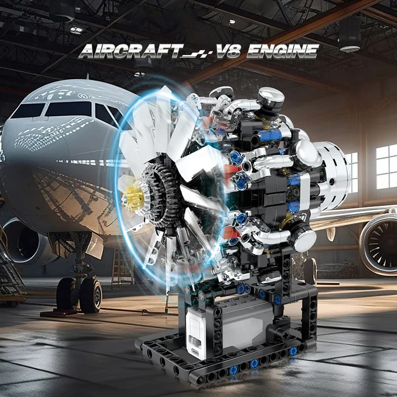 Modellino di Aereo con Motore V8, Mattoncini da Costruzione Elettrici, Blocchi Tecnici Creativi Fai-da-Te, Giocattoli e Regali per Adulti