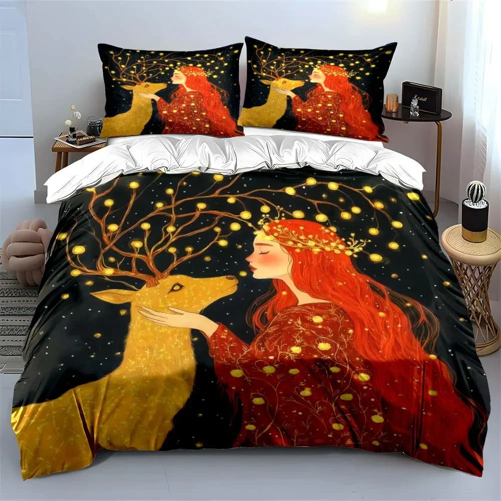 Fairy Tale Deer Artwork Set Soft Comfortable Duvet Cover Bedding Set Included 1*Duvet Cover & 2*Pillowcases, gift