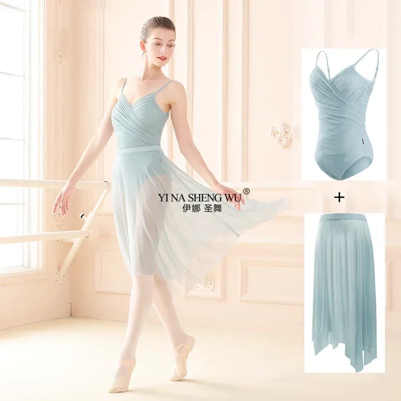 Elegante Tuta da Danza Aderente con Scollo a V e Gonna in Rete Irregolare per Allenamento, Ginnastica, Pattinaggio su Ghiaccio, Ballerine