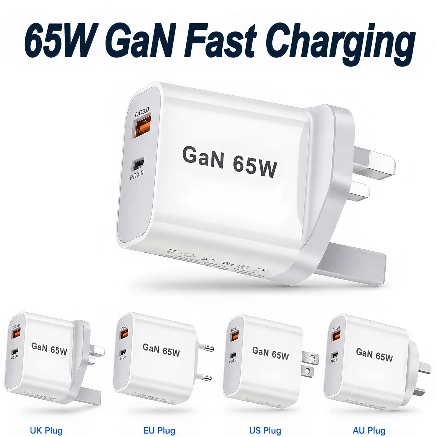 65W GaN USB Charger PD QC3.0 EU/US/AU/UK Plug Wall Charger Adapter For iPhone Samsung Phone Type C Fast Charging Power Adapter