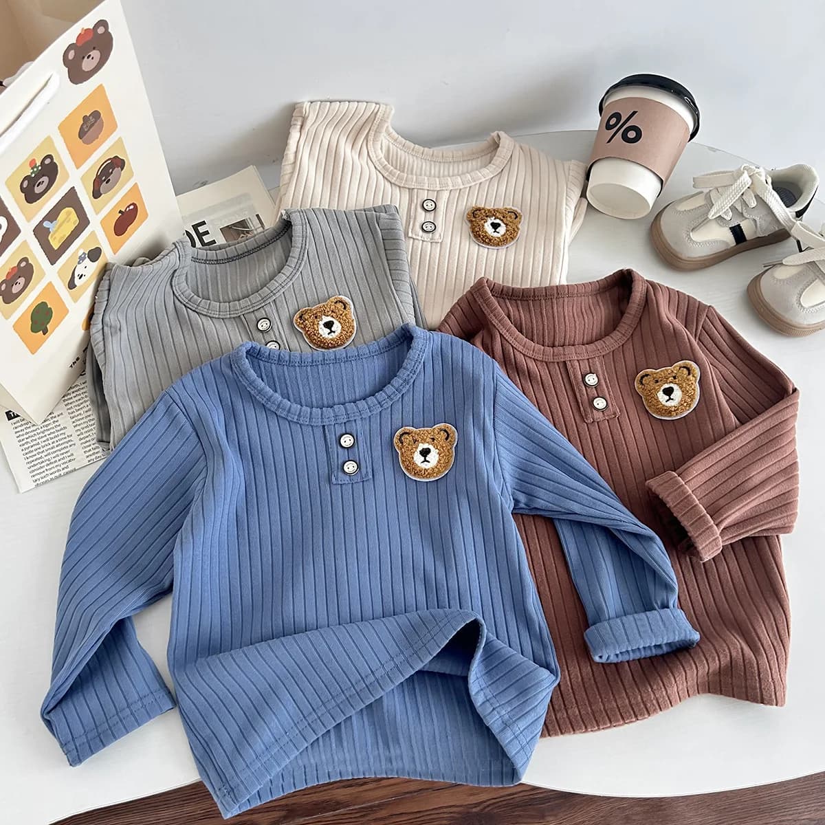 Autumn Casual Style Kids Long Sleeve O-Neck Top Bear Patch Solid Color Basic T-Shirt 1-6Y Soft Ribbed Children Blouse Tee
