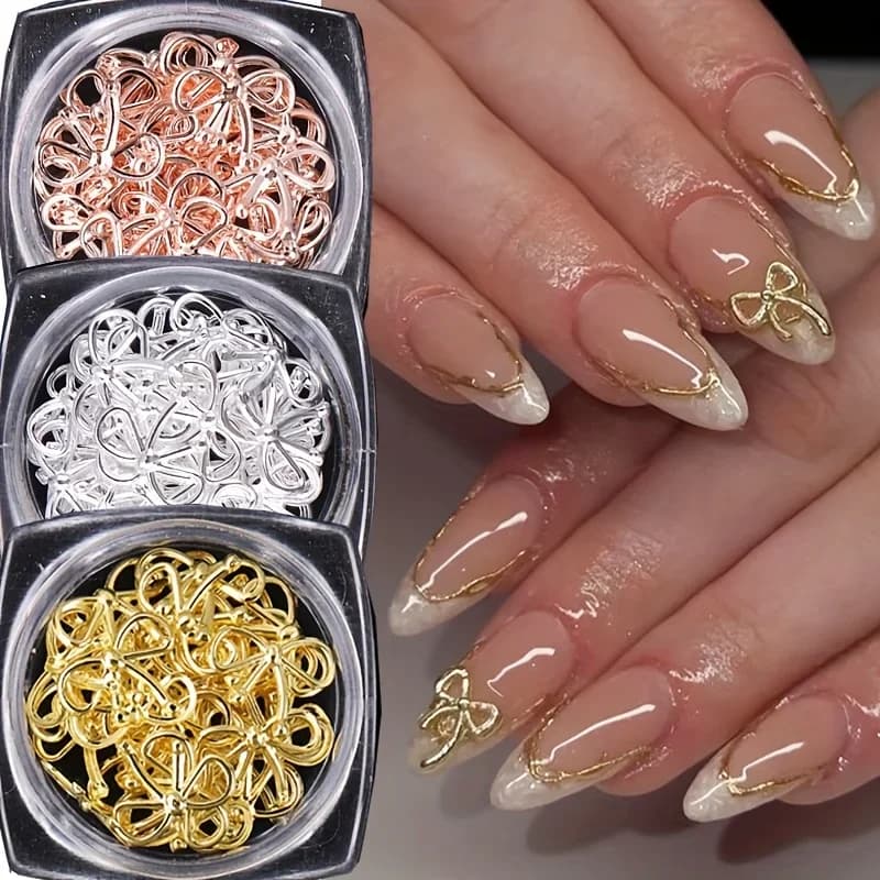 Set di 3 Fiocchi Metallici a Forma di Salice per Decorazione Unghie, Design 3D in Oro e Argento, Accessori Eleganti per Manicure