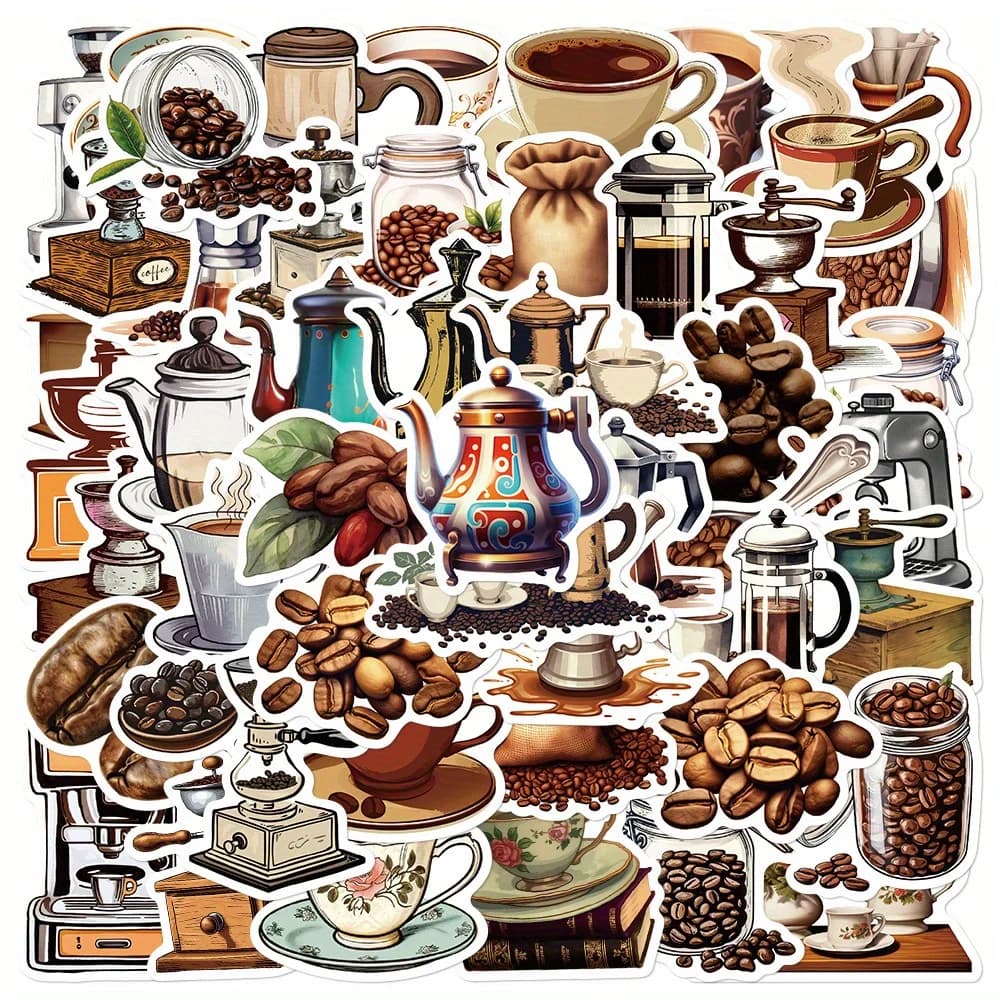 50 Pezzi Adesivi Decorativi per Macchina da Caffè e Chicchi di Caffè, per Valigie, Bottiglie d'Acqua, Quaderni, Skateboard, Autoadesivi