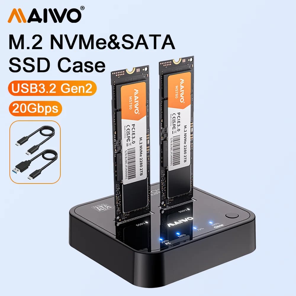 MAIWO Dual-Bay M.2 NVMe SATA SSD Docking Station Adapter 20Gbps USB3.2 Gen2 USB C m2 External Enclosure Support Offline Clone