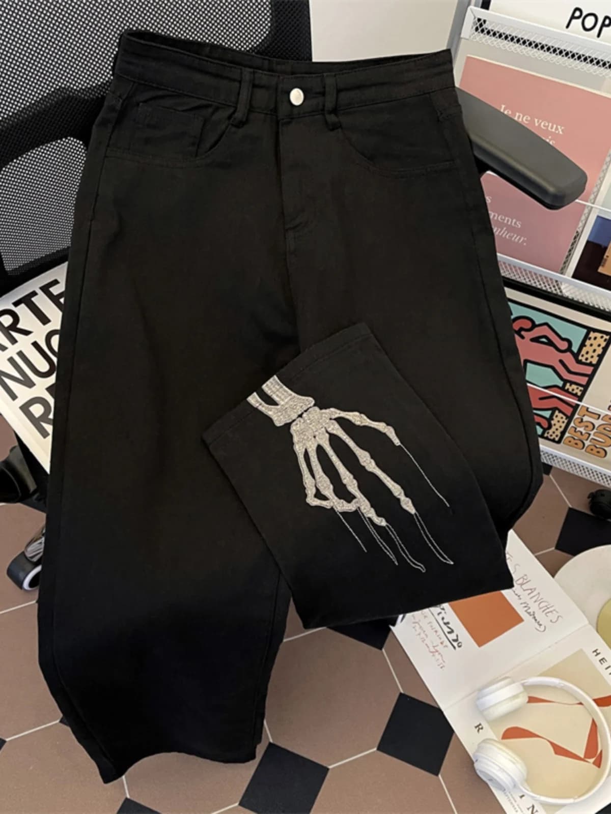 Women's Black Jeans, American Style High Street Autumn Winter, Ricamati Trendy Pants, Straight Leg