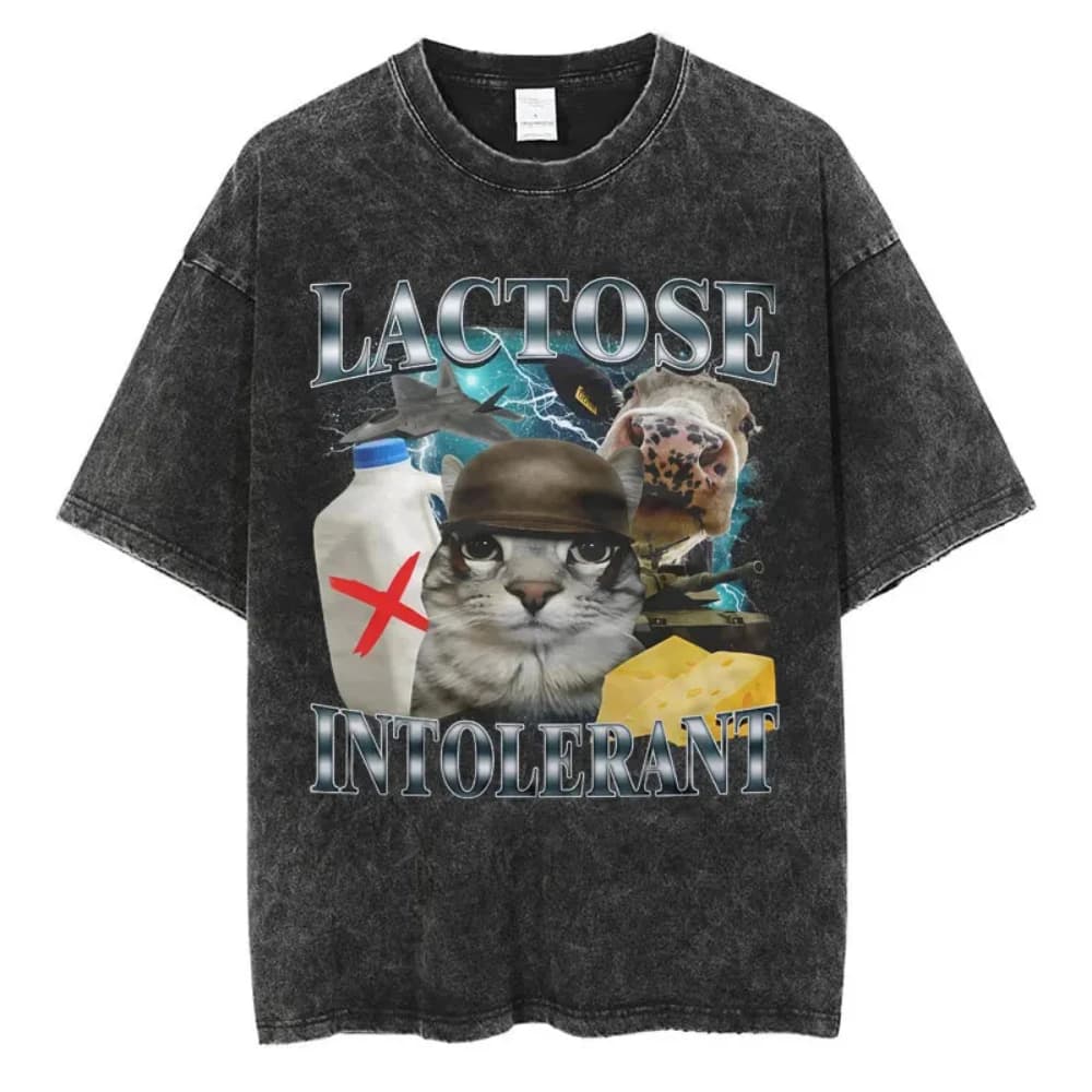 Lactose Intolerant Funny Cat Meme T-Shirt Men Women Retro Fashion Cat Meme Short Sleeve T-shirts Casual Cozy Oversized T Shirts