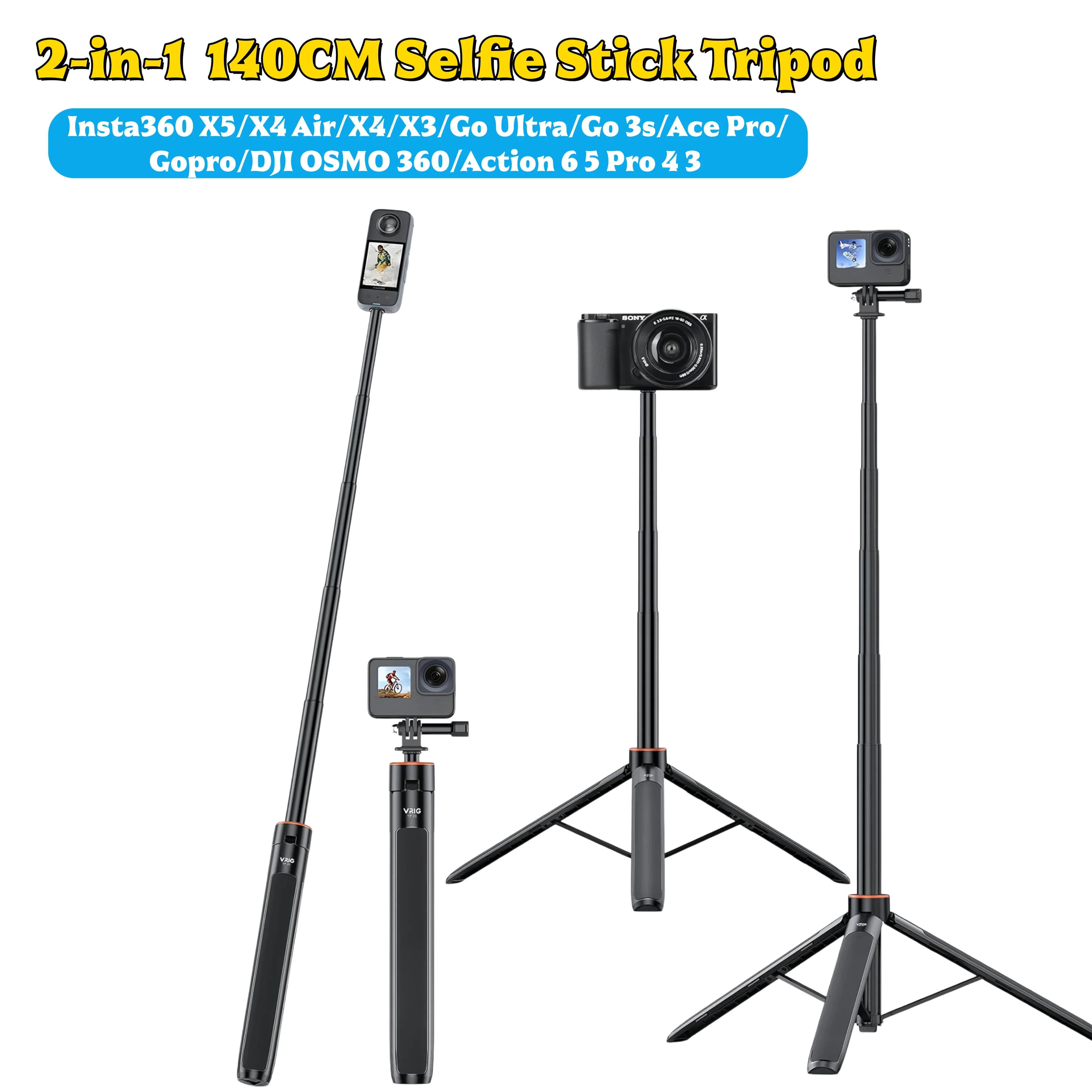 Treppiede Estensibile Vrig 140cm, Asta Selfie Regolabile per Insta360 X5/X4 Air/X4/X3/Go Ultra/Go 3s/Ace Pro/Gopro/DJI OSMO 360