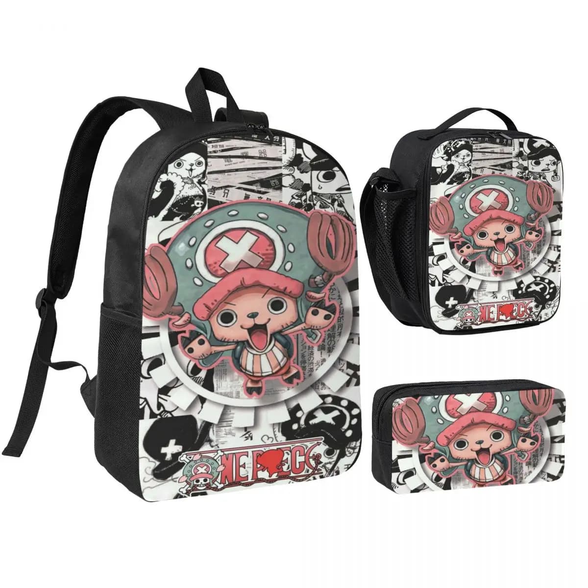 Set di 3 zaini scolastici Luffy One Piece per bambini, astucci, set di zaini con borsa termica per studenti, zaino da giorno.