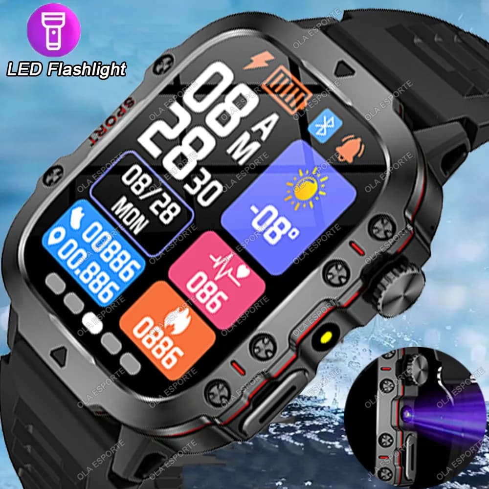 Nuovo GPS militare Smartwatch Torcia a LED Fitness IP68 Impermeabile Sport all'aria aperta Tracker Chiamate Bluetooth Smart Watch Uomo Donna
