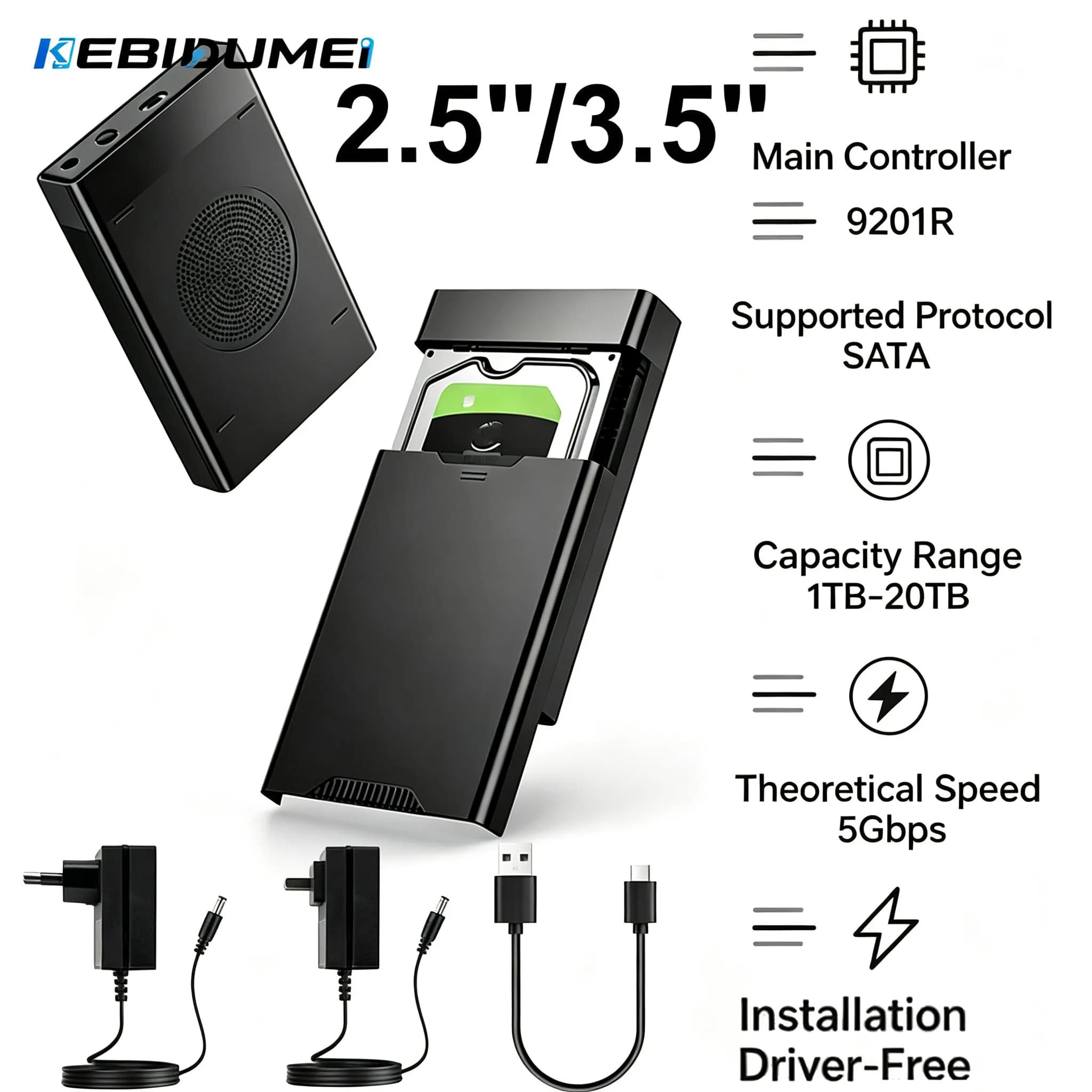 KEBIDUMEI 3.5'' HDD Case SATA to USB 3.1 Adapter External Hard Drive Enclosure 2.5" 3.5" SSD Disk 20TB HDD Case for PC Laptop