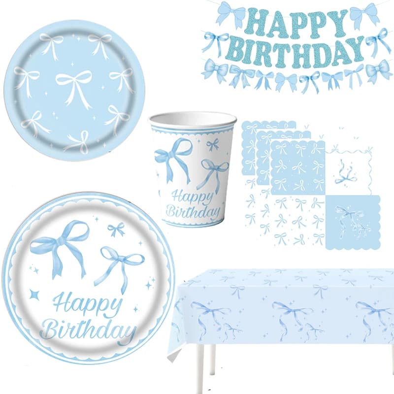 Light Blue Bow Birthday Party Decoration Banner Hanging Bow Pattern Tableware Cups Plates Tablecloths Napkins Scene Party Suppli