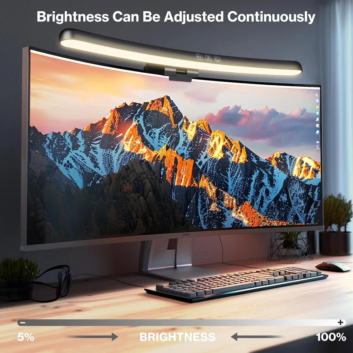 Display bar for curved monitor, USB desk lamp with continuous adjustment applicable to all screens without glare, for home and office