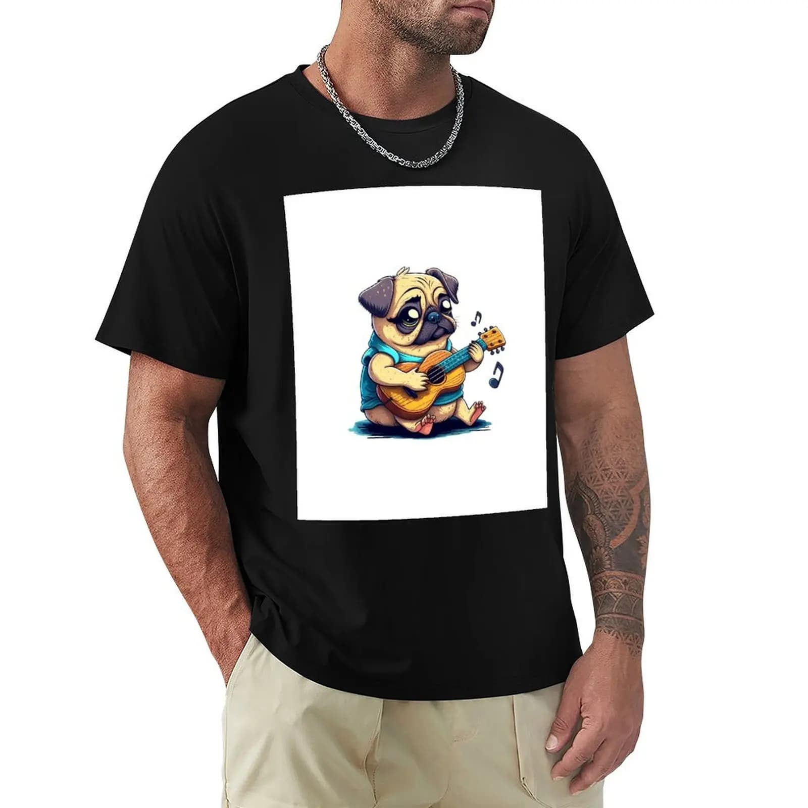 Cute Cartoon Pug Dog Playing Ukulele T-Shirt Festival Casual Short Sleeve