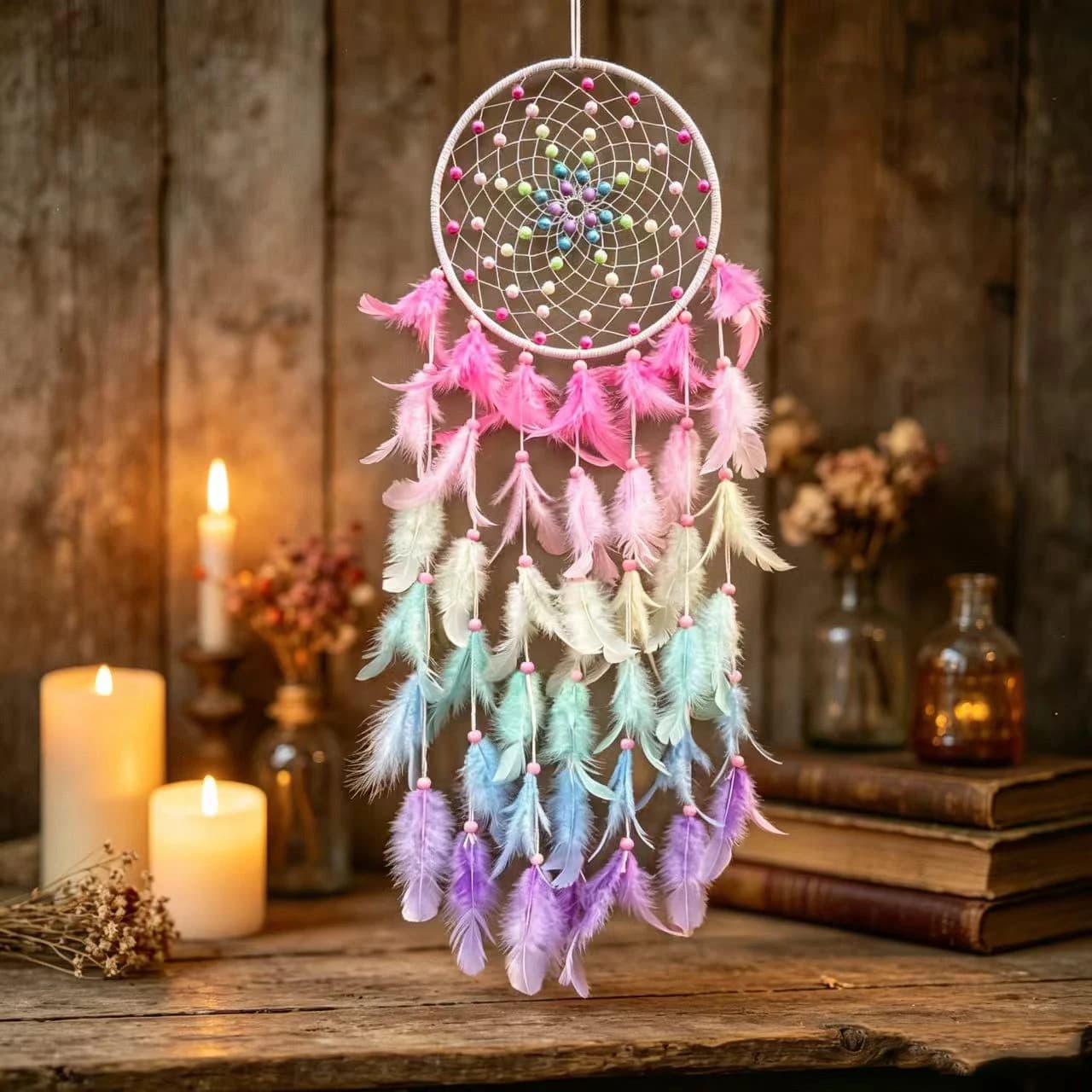 Handmade Dream Catcher Rainbow Feather Wind Chimes Wall Hanging Ornaments Dreamcatcher Gift Home Room Decor