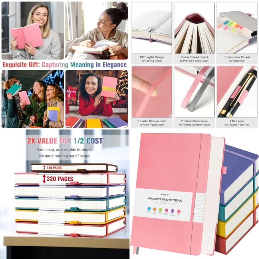 5 Pack Lined Notebook Journal for Women, 312 Numbered Pages Thick Notebooks Bulk, 100gsm No Bleed Paper Hardcover Leather Journ