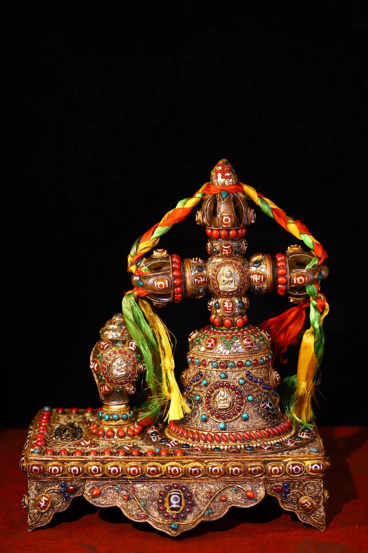 14"Nepalese folk Old Crystal Tibetan Silver Mosaic Gem gZi Beads Cross Vajra Old Ringing Bell Buddha Conch Base