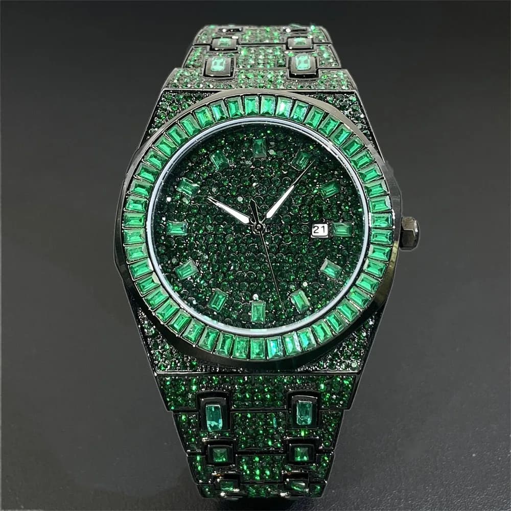 2024 Hip Hop Green Diamond Watch For Men Modo Automatic Date AAA Watches Al Quarzo Dress Square Iced Jewelry Men's Watch Reloj