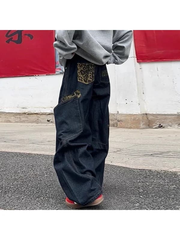 plus Size American Leopard Print Splicing Knife Straight Leg Women's Jeans High Waist Wide Leg Pants High Street Denim