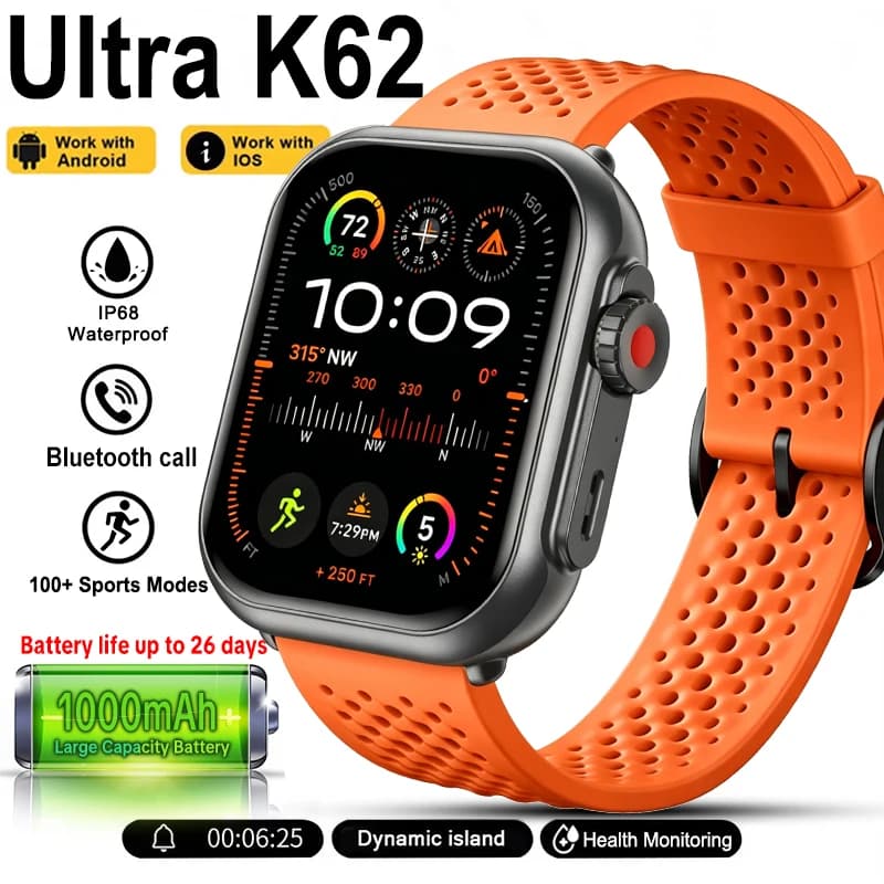 Nuovo Smartwatch Ultra K62 per Uomo e Donna, Batteria da 1000mAh, Fitness Tracker, Cardiofrequenzimetro, Impermeabile IP68, 100+ Sport, Chiamate, Smartwatch