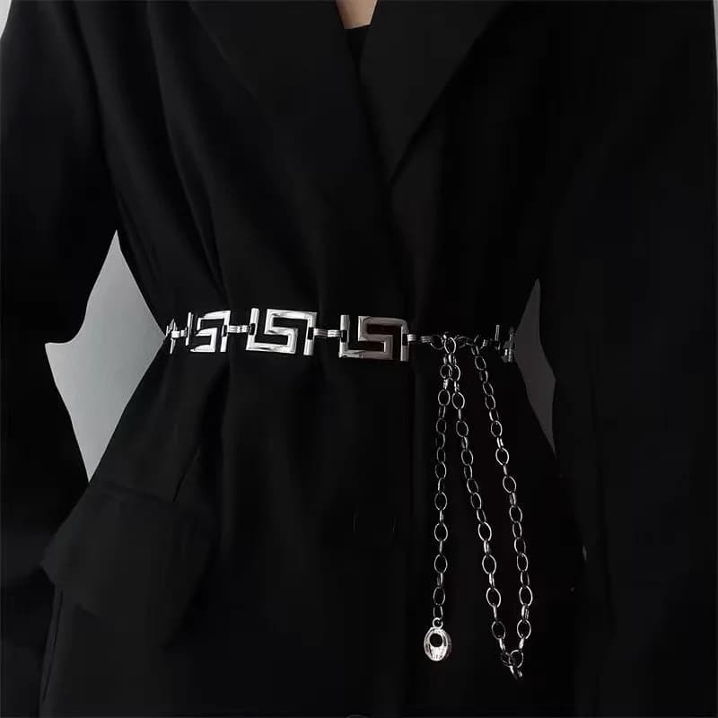 Greek Key Geometric Linked Metal Waist Chain Glossy Decor Body Belly Belt for Women Jeans Crop Top Dress Daily Outfit Accessory