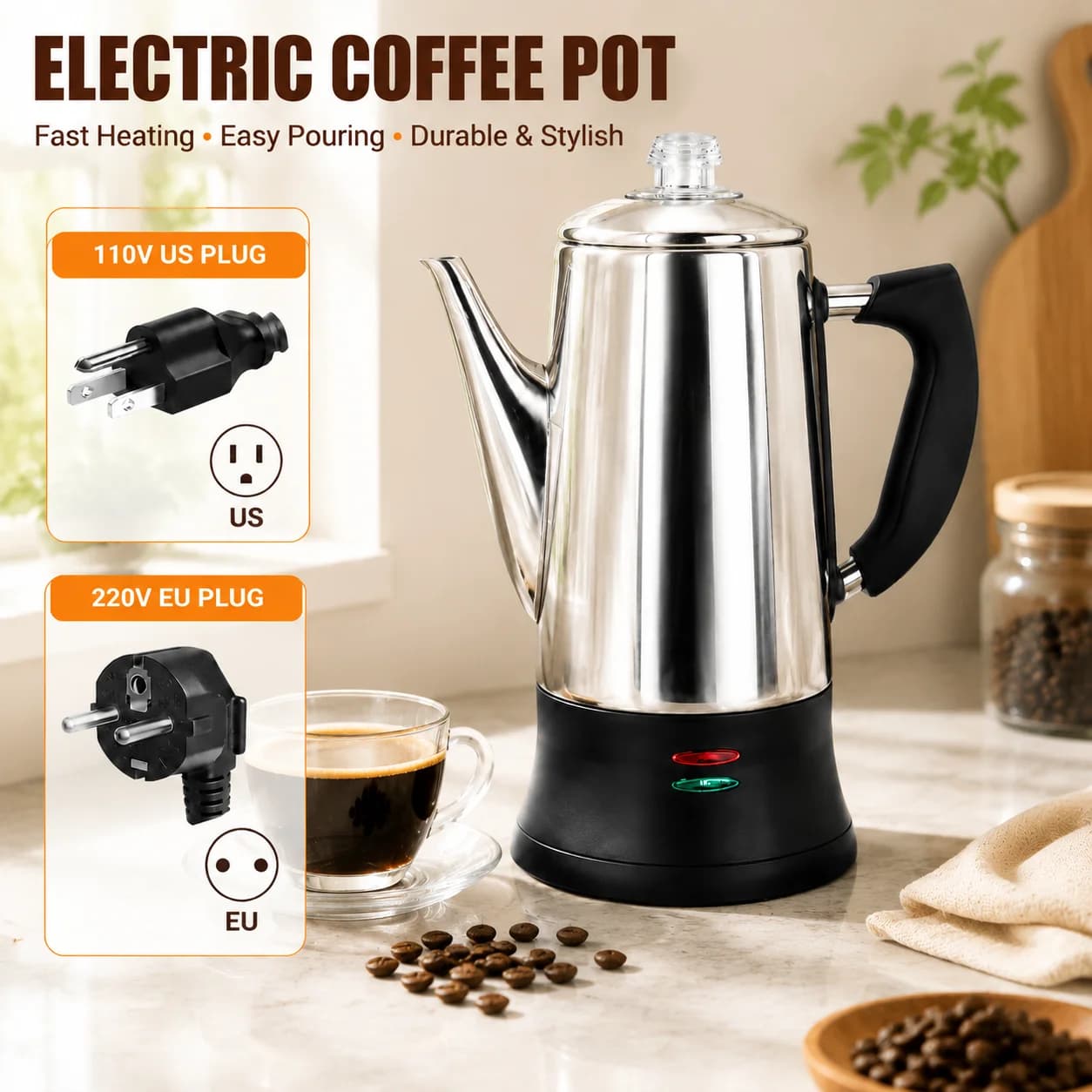 Electric Coffee Percolator Stainless Steel Coffee Maker with Heat Resistant Tough Glass Clear Brew Coffee Pot with On/OFF Switch